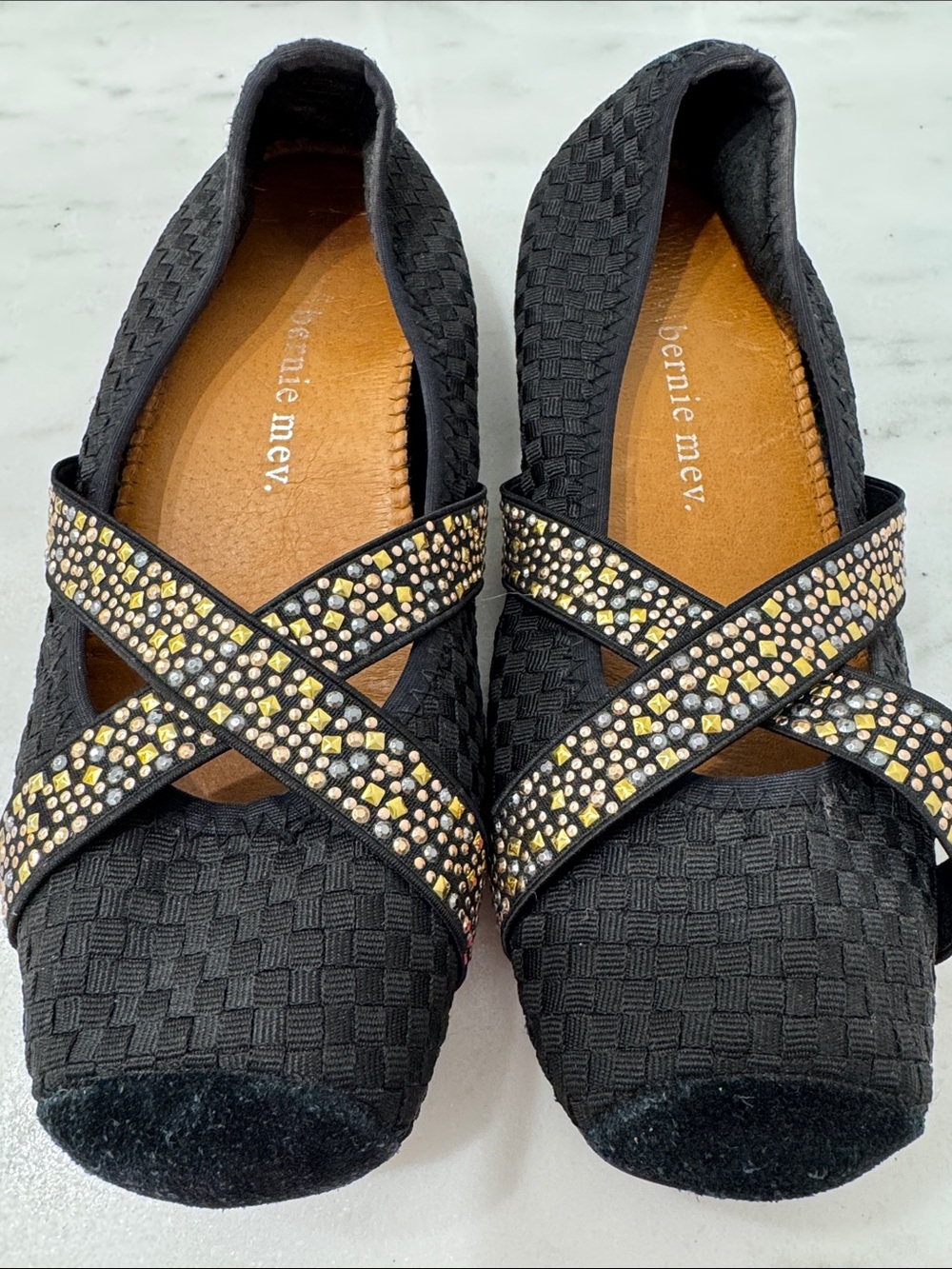 bernie mev. Black Woven Flats with Gold & Silver Crystal Cross-Straps